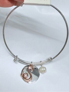 Silver and Rose Gold Initial S Charm Bangle Bracelet with Pearl Accent